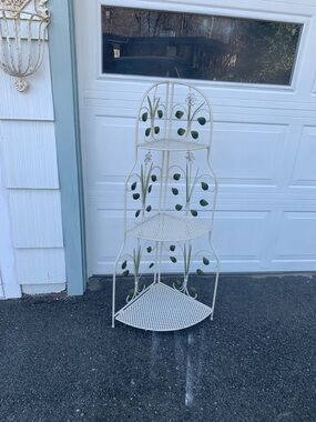 Vintage White Metal Folding Corner Plant Stand with Green Leaf Accents